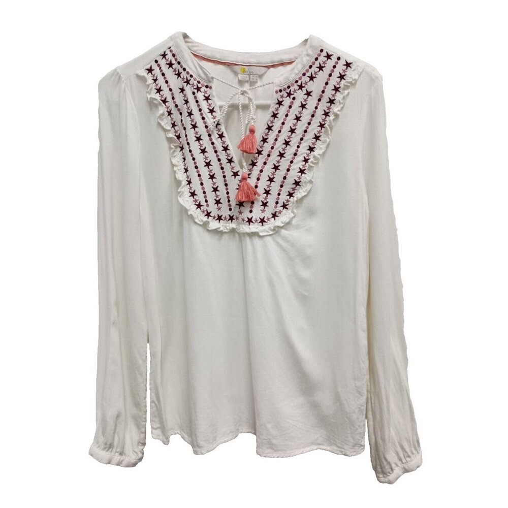Boden Womens Polly Peasant Top Size 6 White Embroidered Stars Ruffle Tassel Tie